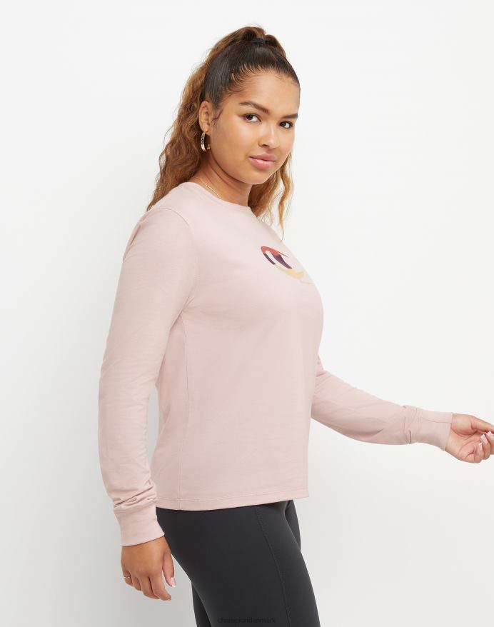 Champion klassisk langærmet t-shirt colorblock folie & high density c logo V6J662041 gennemsigtig lyserød