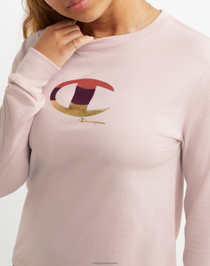 Champion klassisk langærmet t-shirt colorblock folie & high density c logo V6J662041 gennemsigtig lyserød