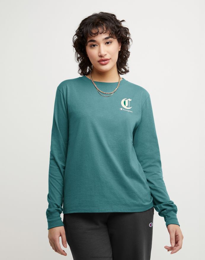 Champion klassisk langærmet t-shirt gammelt engelsk c & script logo V6J661405 aqua tonic