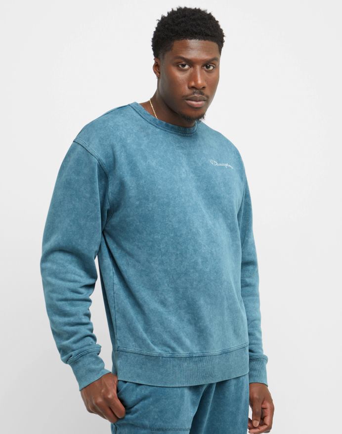 Champion acid wash crew sweatshirt bølget logo V6J6647 syrevask fin turkis