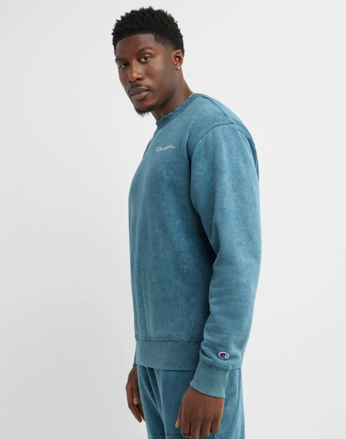 Champion acid wash crew sweatshirt bølget logo V6J6647 syrevask fin turkis