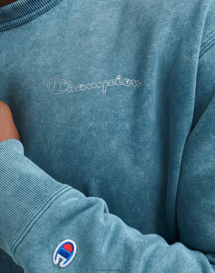 Champion acid wash crew sweatshirt bølget logo V6J6647 syrevask fin turkis