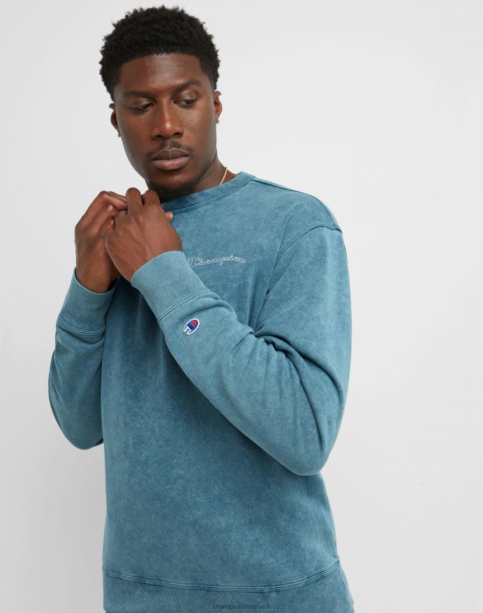 Champion acid wash crew sweatshirt bølget logo V6J6647 syrevask fin turkis