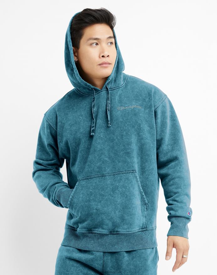 Champion acid wash sweatshirt bølget logo V6J6643 syrevask fin turkis