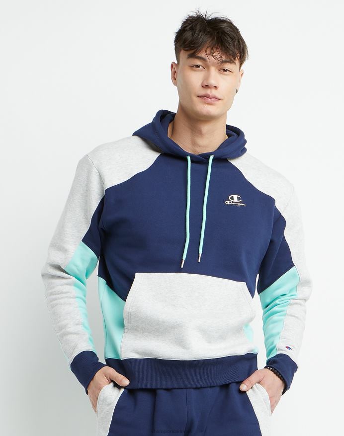 Champion klassisk fleece colorblock hættetrøje V6J665 marineblå/stencreme/ren mynte