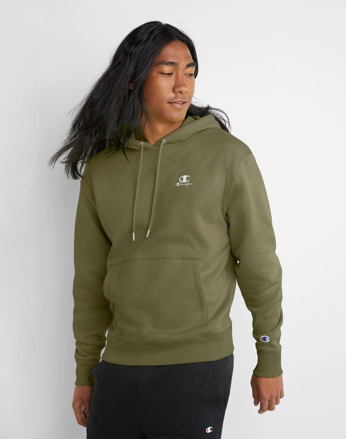 Champion klassisk fleece hættetrøje broderet c script logo V6J66148 fragt oliven