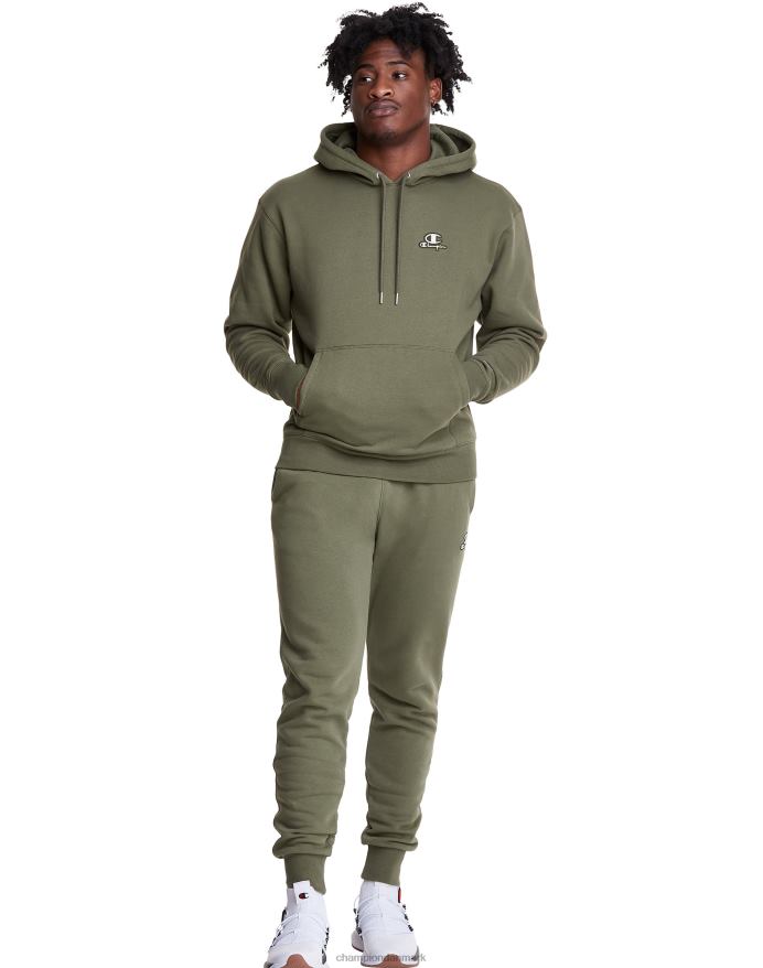 Champion klassisk fleece hættetrøje broderet c script logo V6J66148 fragt oliven