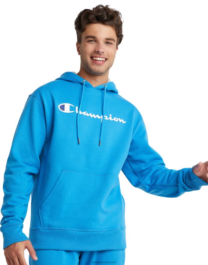 Champion powerblend fleece hættetrøje script logo V6J6661 blå jay/hvid/tapper blå