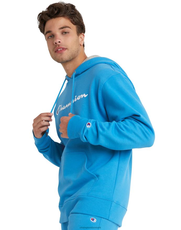 Champion powerblend fleece hættetrøje script logo V6J6661 blå jay/hvid/tapper blå