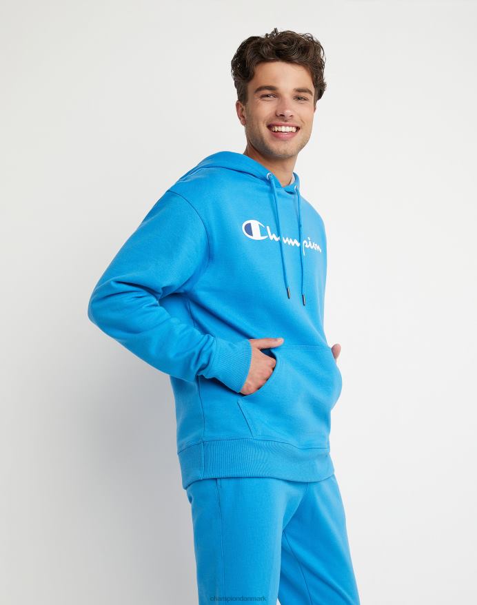 Champion powerblend fleece hættetrøje script logo V6J6661 blå jay/hvid/tapper blå