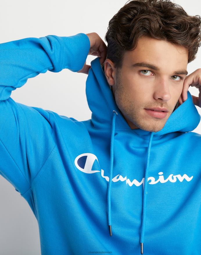 Champion powerblend fleece hættetrøje script logo V6J6661 blå jay/hvid/tapper blå