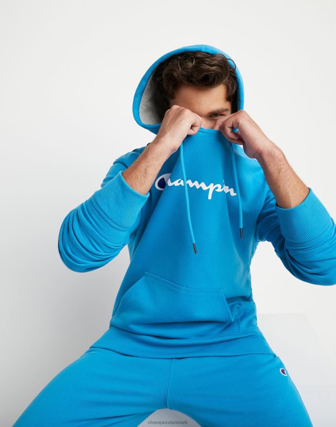 Champion powerblend fleece hættetrøje script logo V6J6661 blå jay/hvid/tapper blå
