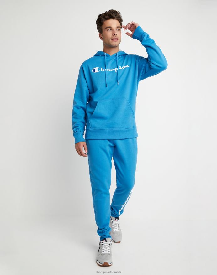 Champion powerblend fleece hættetrøje script logo V6J6661 blå jay/hvid/tapper blå