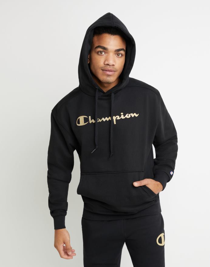Champion super fleece hættetrøje med høj densitet blæk script med hævede mini-folie logoer V6J66170 sort