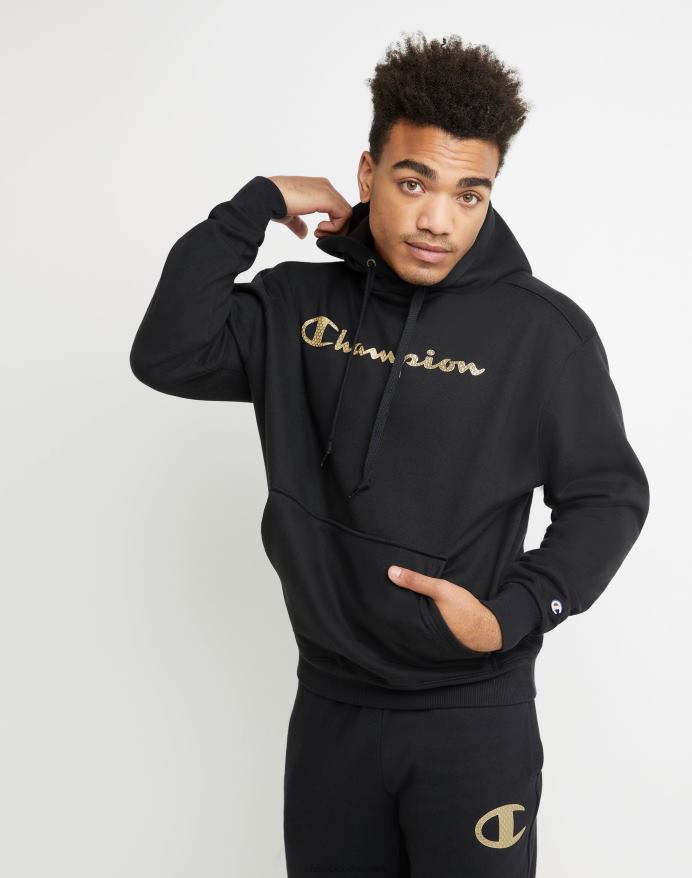 Champion super fleece hættetrøje med høj densitet blæk script med hævede mini-folie logoer V6J66170 sort
