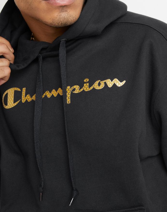 Champion super fleece hættetrøje med høj densitet blæk script med hævede mini-folie logoer V6J66170 sort
