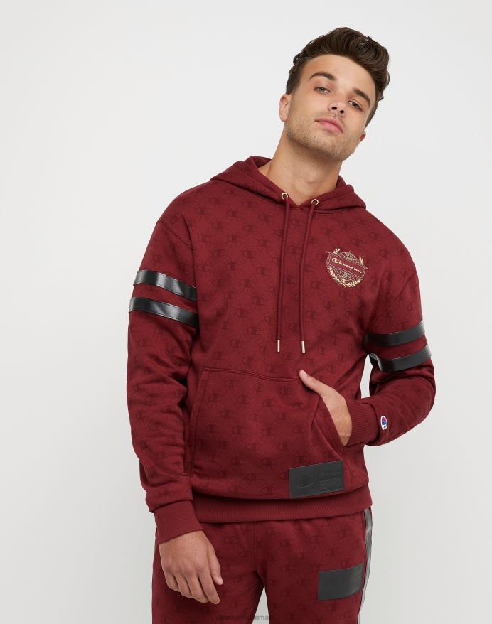 klassisk fleece-hættetrøje med print med champion-emblem og jock-tag i imiteret læder V6J66132 c logo links aop kardinal