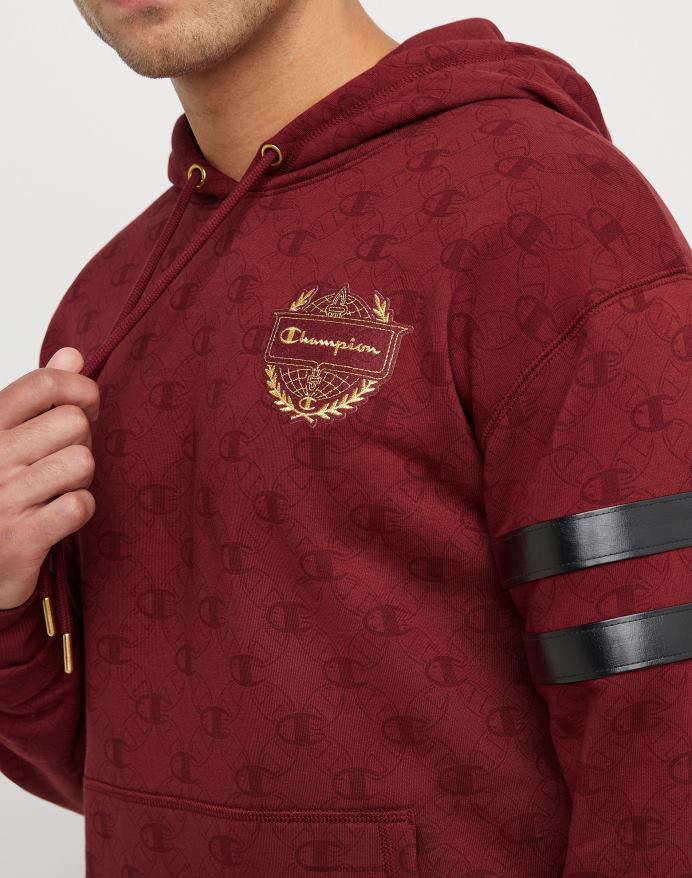 klassisk fleece-hættetrøje med print med champion-emblem og jock-tag i imiteret læder V6J66132 c logo links aop kardinal
