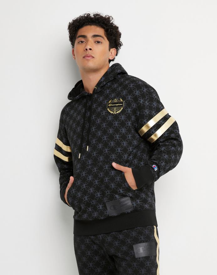 klassisk fleece-hættetrøje med print med champion-emblem og jock-tag i imiteret læder V6J66133 c logo links aop sort