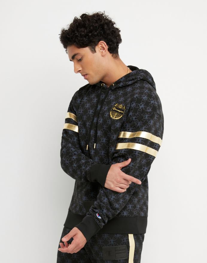 klassisk fleece-hættetrøje med print med champion-emblem og jock-tag i imiteret læder V6J66133 c logo links aop sort