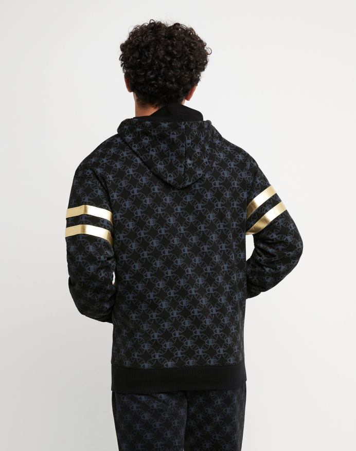klassisk fleece-hættetrøje med print med champion-emblem og jock-tag i imiteret læder V6J66133 c logo links aop sort
