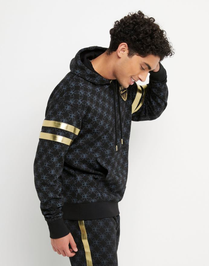 klassisk fleece-hættetrøje med print med champion-emblem og jock-tag i imiteret læder V6J66133 c logo links aop sort