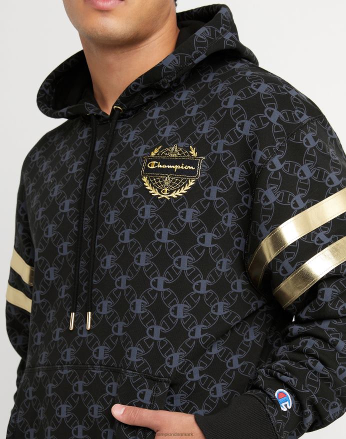klassisk fleece-hættetrøje med print med champion-emblem og jock-tag i imiteret læder V6J66133 c logo links aop sort