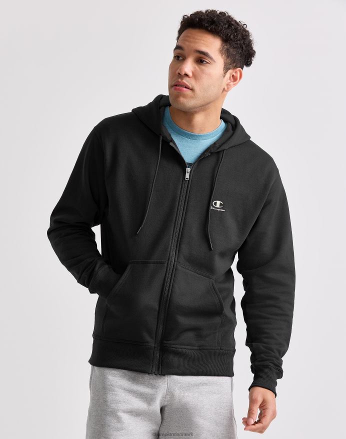 Champion klassisk fleece hættetrøje med fuld lynlås c logo og script på applikation V6J66180 sort