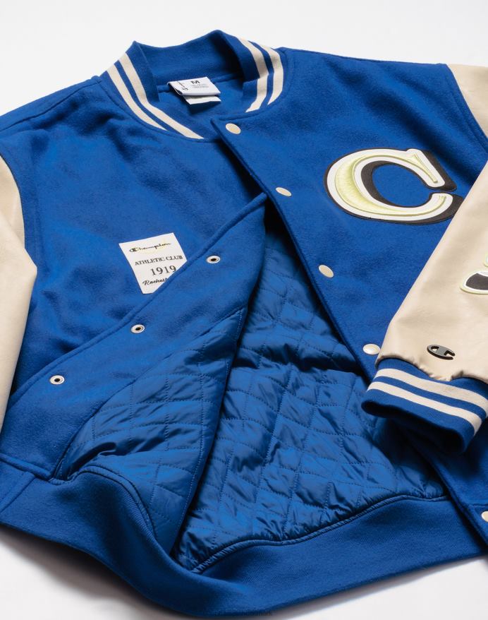 Champion letterman jakke stor c V6J66175 kongeblå blast/frisk tan