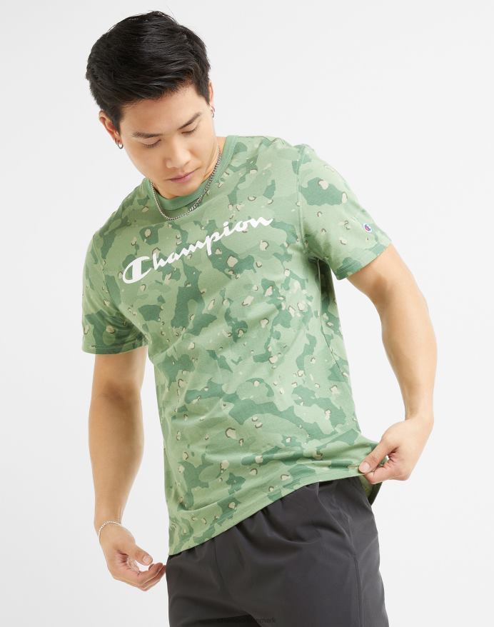 Champion klassisk t-shirt flydende camo over det hele trykt script logo V6J66608 camo handler om oliven