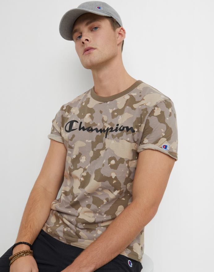 Champion klassisk t-shirt flydende camo over det hele trykt script logo V6J66609 camo rosin brun