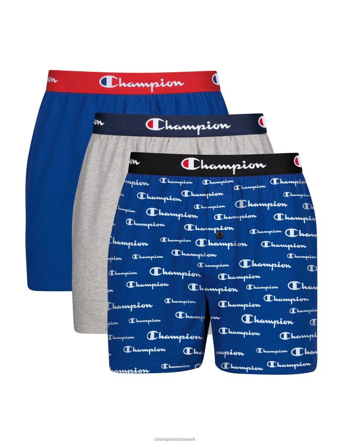 Champion hverdagskomfort boxerspakning bomuldsstretch marineblå script & assorteret 3-pak V6J66683 marine hvidt logo/sort/grå/rød
