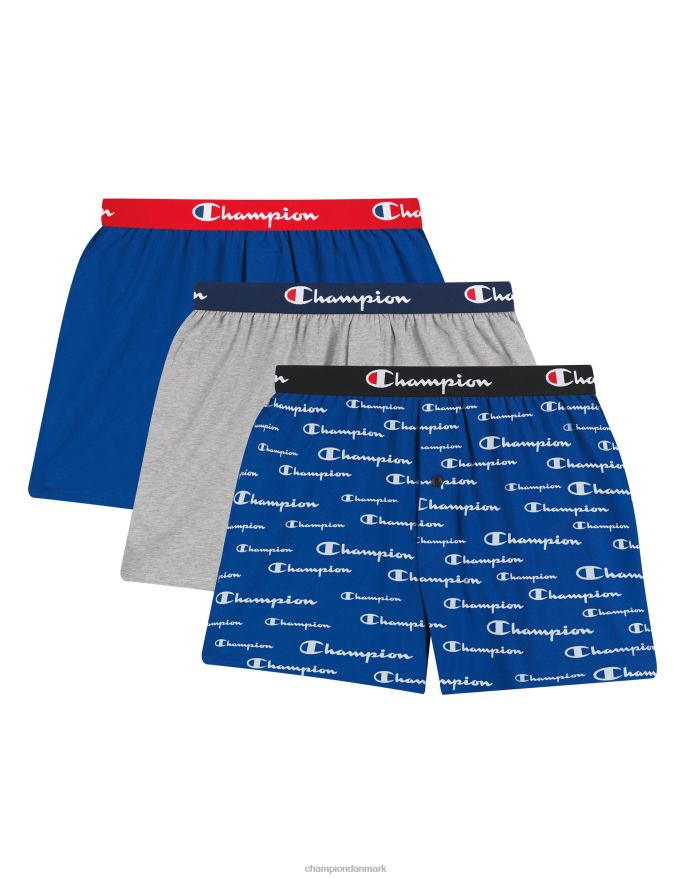 Champion hverdagskomfort boxerspakning bomuldsstretch marineblå script & assorteret 3-pak V6J66683 marine hvidt logo/sort/grå/rød