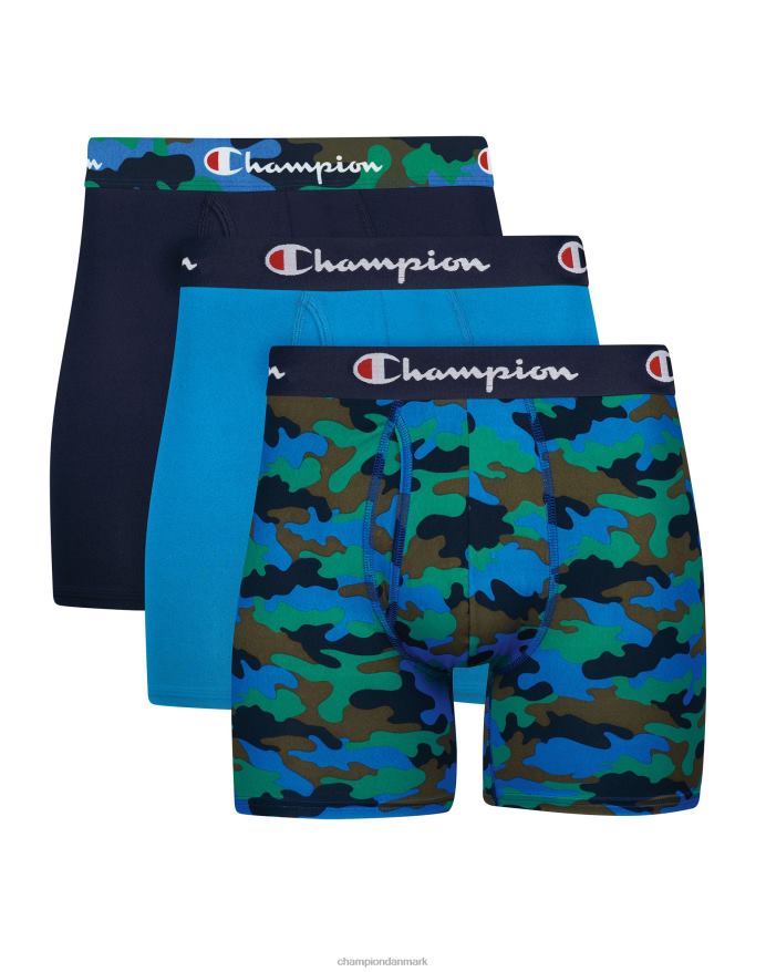Champion total støttepose boxer-trusse pakke fugttransporterende anti-gnidning letvægts mesh pose 3-pak V6J66684 blå camo print/marineblå/kongelig/sort
