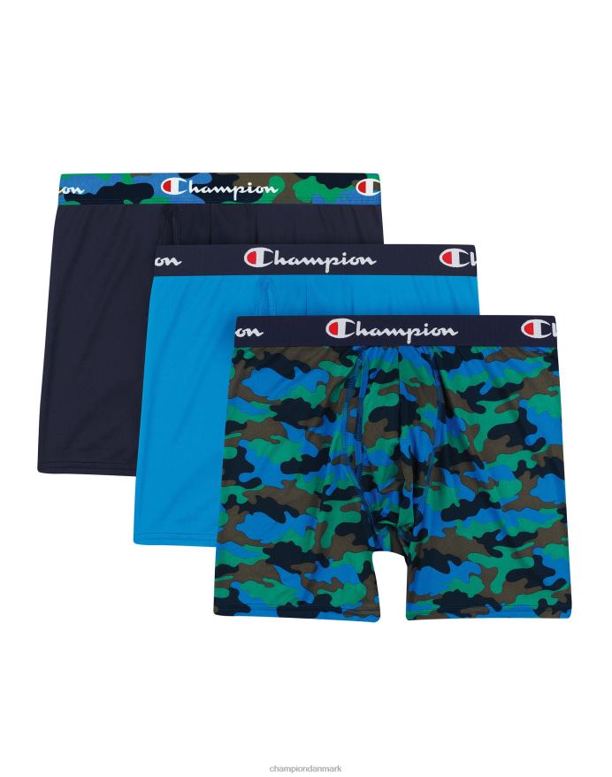 Champion total støttepose boxer-trusse pakke fugttransporterende anti-gnidning letvægts mesh pose 3-pak V6J66684 blå camo print/marineblå/kongelig/sort