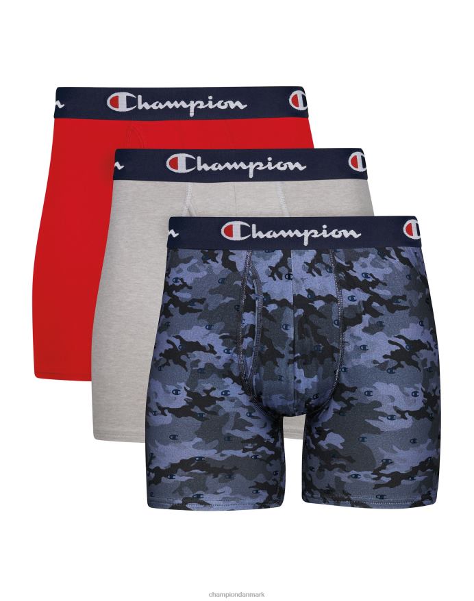 Champion total støttepose boxershortspakke fugttransporterende anti-gnidning bomuldsstræk 3-pak V6J66688 blå camo prik/marineblå/rød/grå
