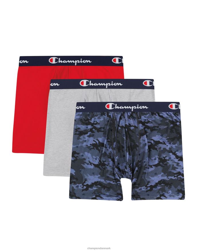 Champion total støttepose boxershortspakke fugttransporterende anti-gnidning bomuldsstræk 3-pak V6J66688 blå camo prik/marineblå/rød/grå