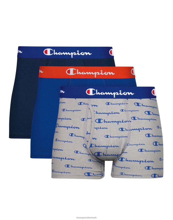 Champion trunks pack fugttransporterende anti-lugt stretch bomuld 3-pack script allover print V6J66680 grå/kongelig logo/orange/rød