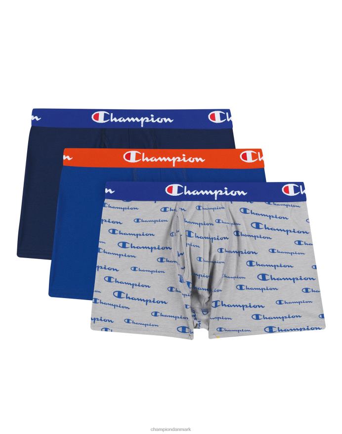 Champion trunks pack fugttransporterende anti-lugt stretch bomuld 3-pack script allover print V6J66680 grå/kongelig logo/orange/rød
